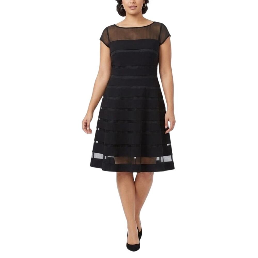 Adrianna Papell Black Cocktail Dress Banded Sheer Neck Fit and Flare Midi Size 8